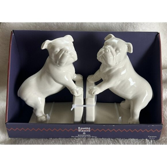 Rowing Blazers Bull Dog White Ceramic Figures Lot of 2 Bookends Home Decor New - Picture 1 of 5
